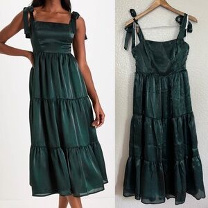 Desirable Darling Shiny Dark Green Organza Tie-Strap Midi Dress